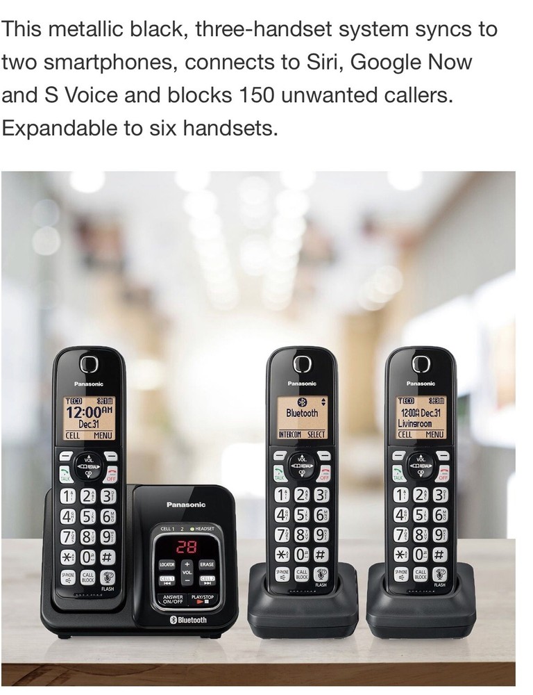 Panasonic, DECT 6.0 Bluetooth 3-Handset Phone System, Link2Cell No Landline Need