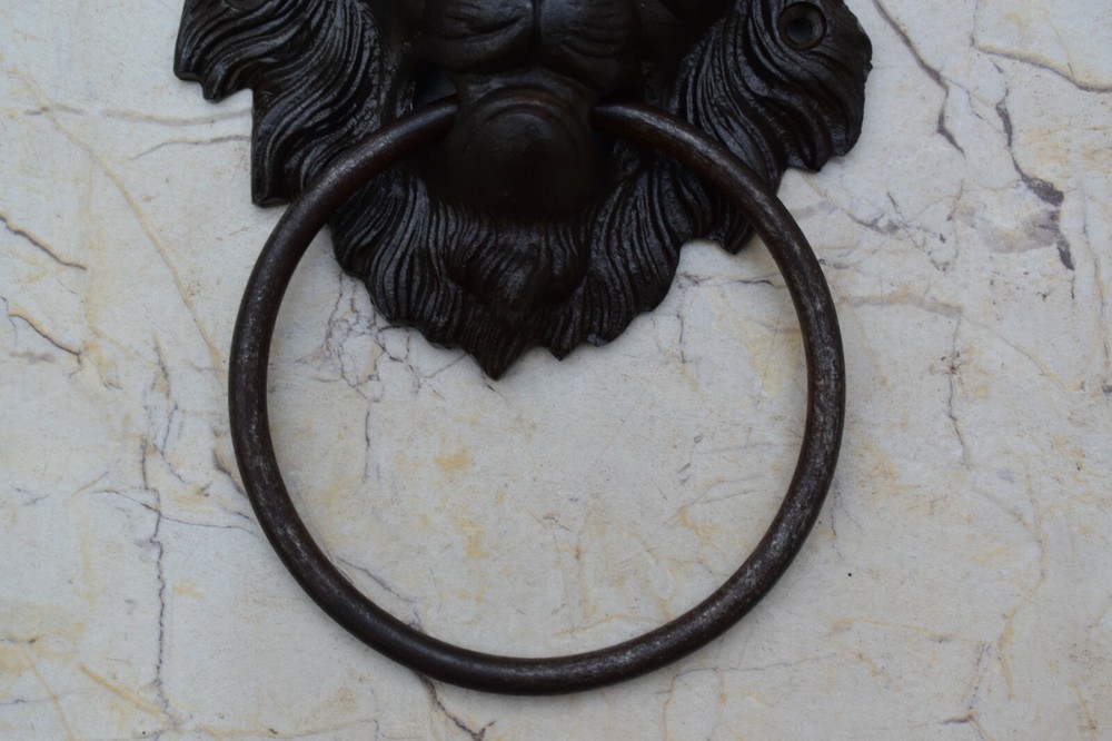 Vintage Cast Iron Lion Head Face Door Knocker Handle Knob Pull Drop Ring