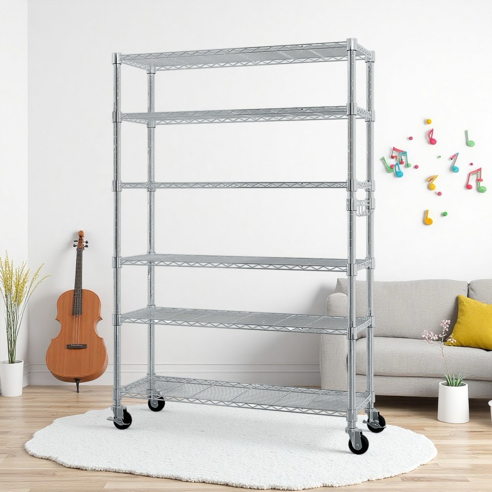 6-Tier Rolling Wire Shelving Unit - Heavy Duty, Adjustable, Silver & Hooks