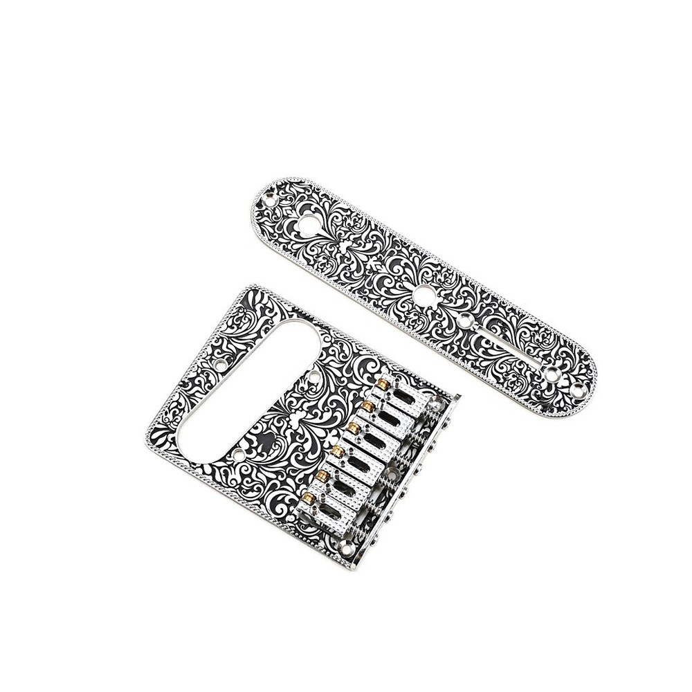 Pattern Carved Chrome Roller Saddle Bridge Control Plate Sets for 6 String Tele