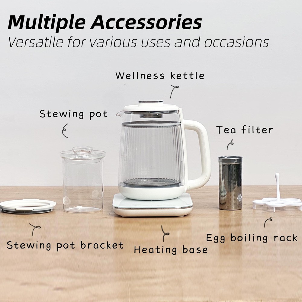 Health Pot, 1.5L Double-Layer Glass Electric Kettle with Stew Pot, 9-in-1 Mul...