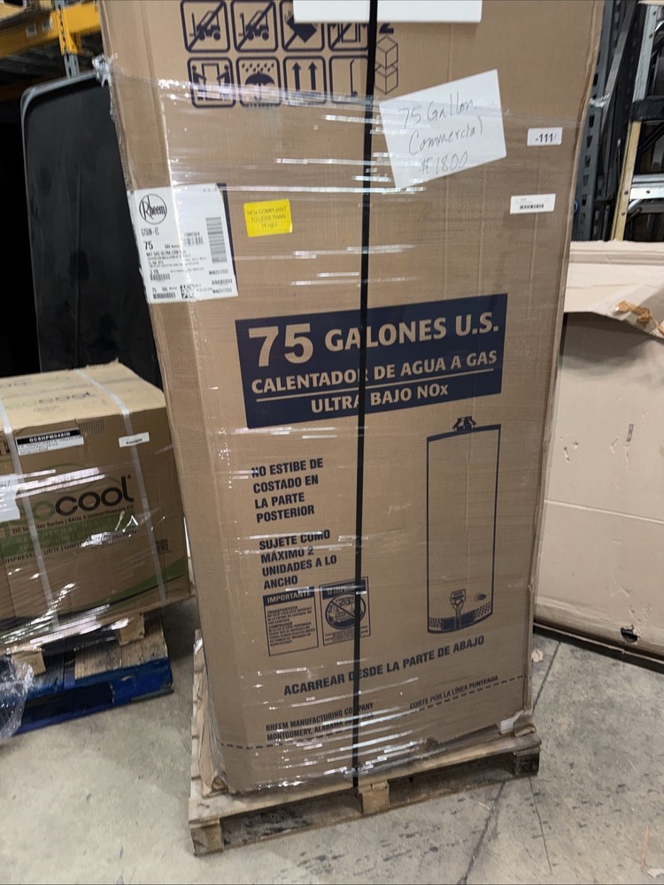 Rheem 75 Gallon Natural Gas Water Heater Commercial 75,100 BTU.