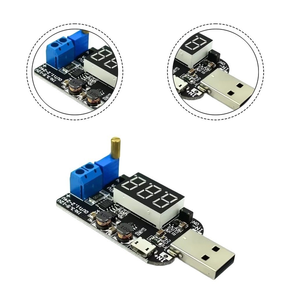 Adjustable USB Regulator 1.2V-24V Output with Onboard Potentiometer and Display