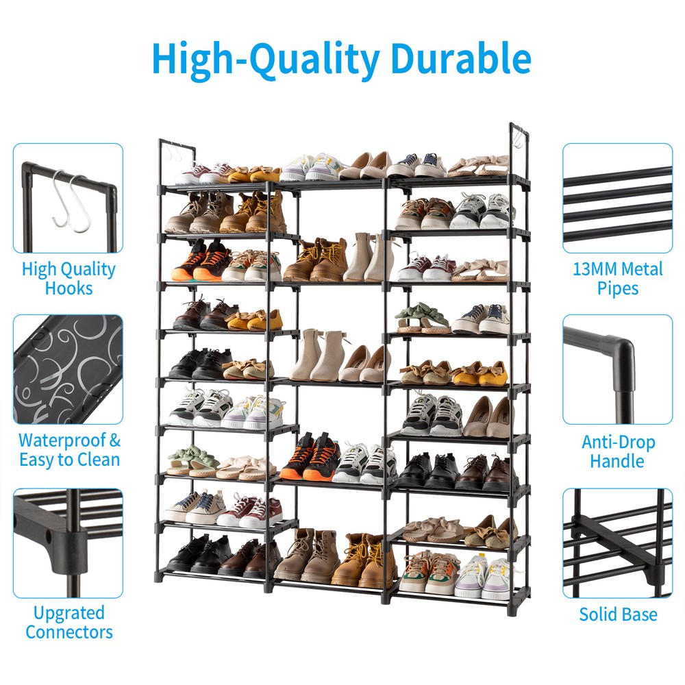 Black Modern Adjustable 9 Tiers Medium Shoe Rack,Stackable Assembly Shoe Shelves
