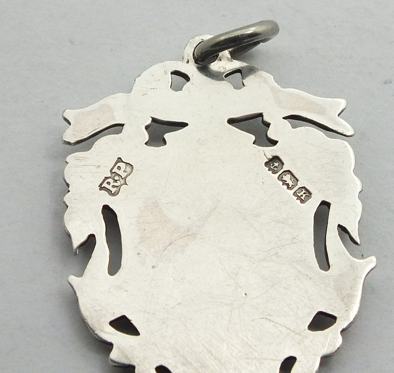 Gents/mens ornate solid silver shield shaped fob