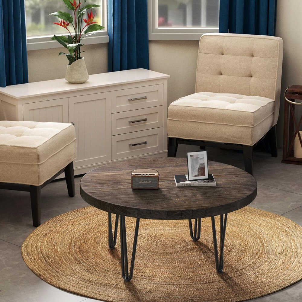 Rustic Wood Round Coffee Table with Metal Legs, Solid Elm Walnut