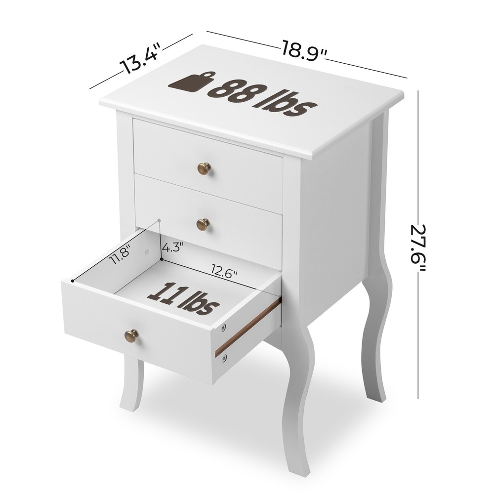 European Bedside Table Three Pumps White