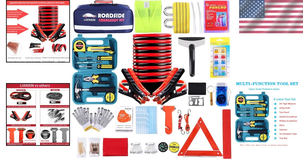 Durable Roadside Assistance Kit with Tools, Jumper Cables & Survival Tools