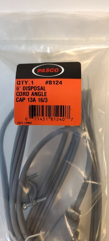 Pasco 6' Disposal Cord Angle Cap 13A 16/3 Pigtails