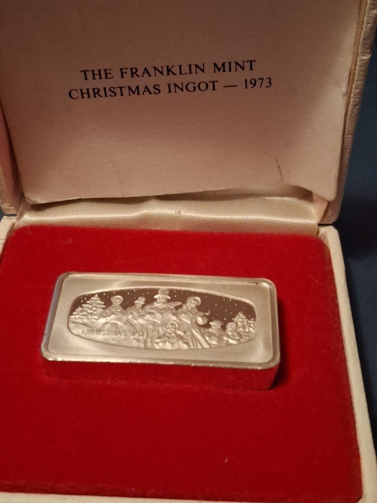 1973 THE FRANKLIN MINT CHRISTMAS INGOT WITH BOX SOLID SILVER STERLING