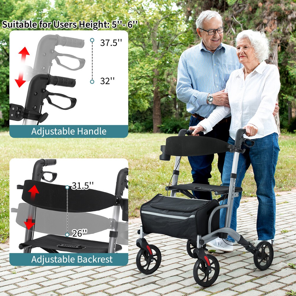 Foldable Rollator Walker with Seat for Seniors, 4x Wheels, Foldable,Adjustable