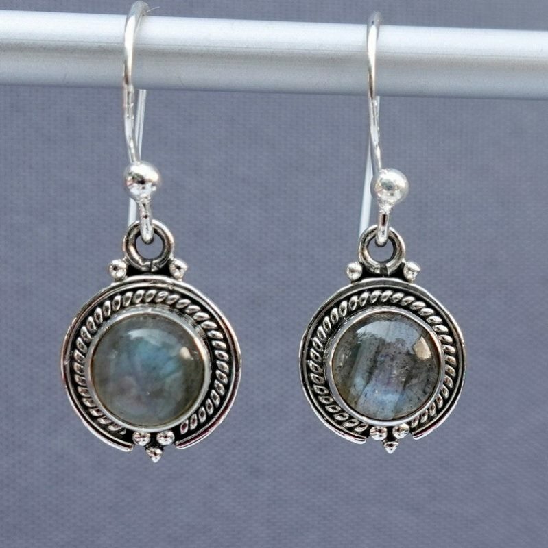 Sterling 925 Silver Solid Labradorite Stone Genuine Handmade  Dangle Earrings