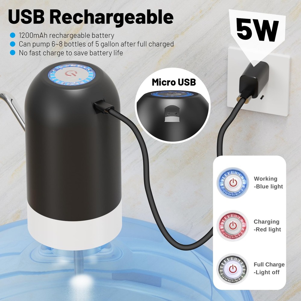 Electric Water Dispenser Pump USB Rechargeable for 3-5 Gallon Bottles Black