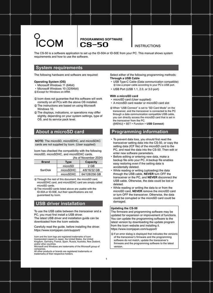 Icom CS-50 — INSTRUCTIONS User Guide How-To Tutorial — 9 Pages — USA Made