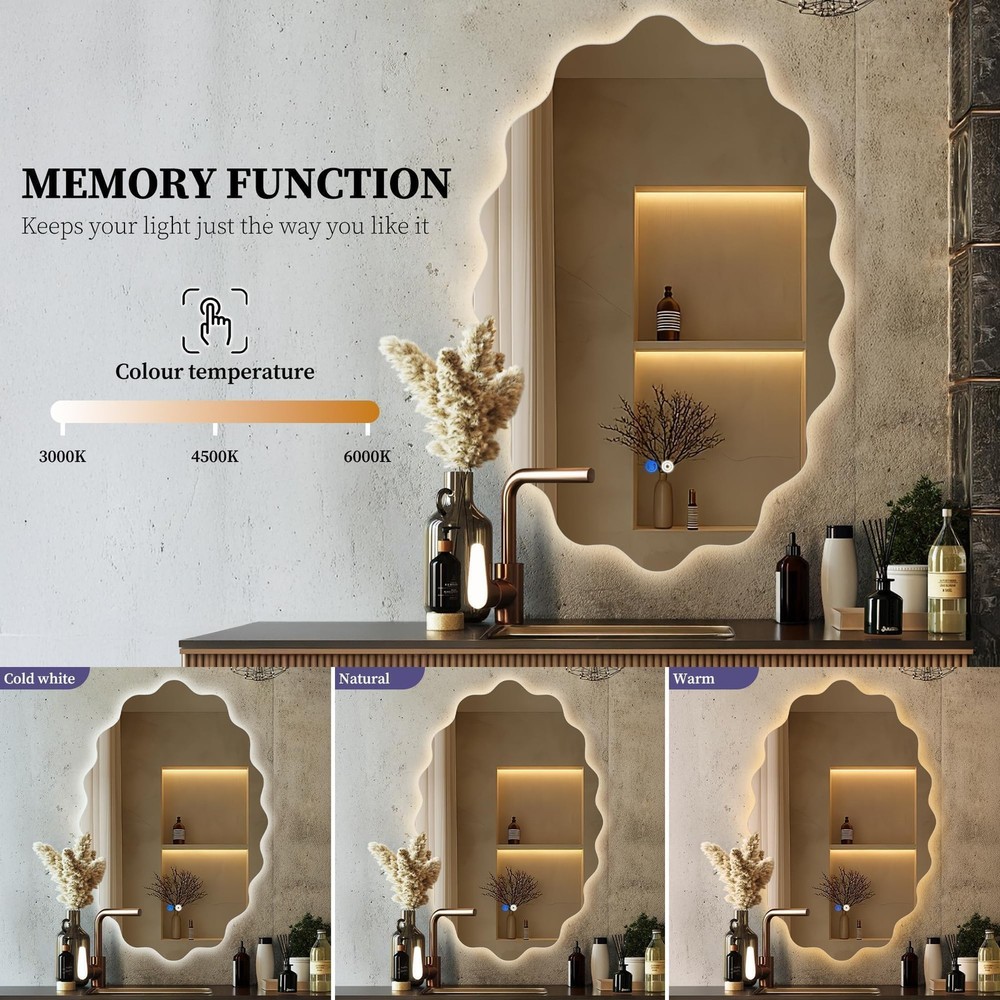 Oval Irregular Wave LED Bathroom Wall Mirror, Dimmable Backlit Mirror with 3 ...