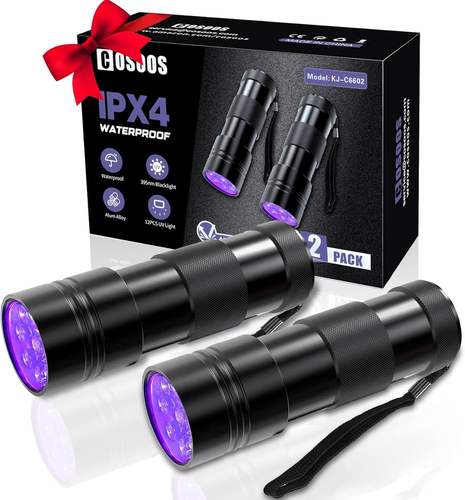 COSOOS 2 Pack UV Flashlight, 12 LED Handheld Blacklight Flashlight 395Nm Mini Li