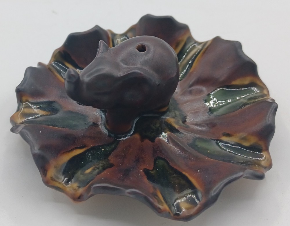 Small Pottery Elephant incense Holder with attached ash catcher plate