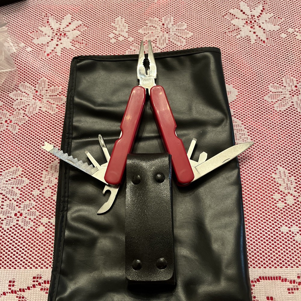 Multi Tool 8 Blade Pocket Knife Red Handle Black Sheath NIB