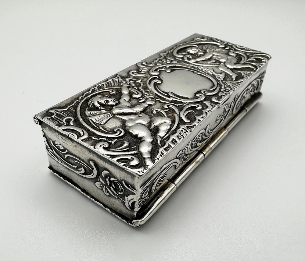 GERMAN DUAL DOUBLE COMPARTMENT 800 SILVER STAMP BOX EMBOSSED CHERUBS c1900