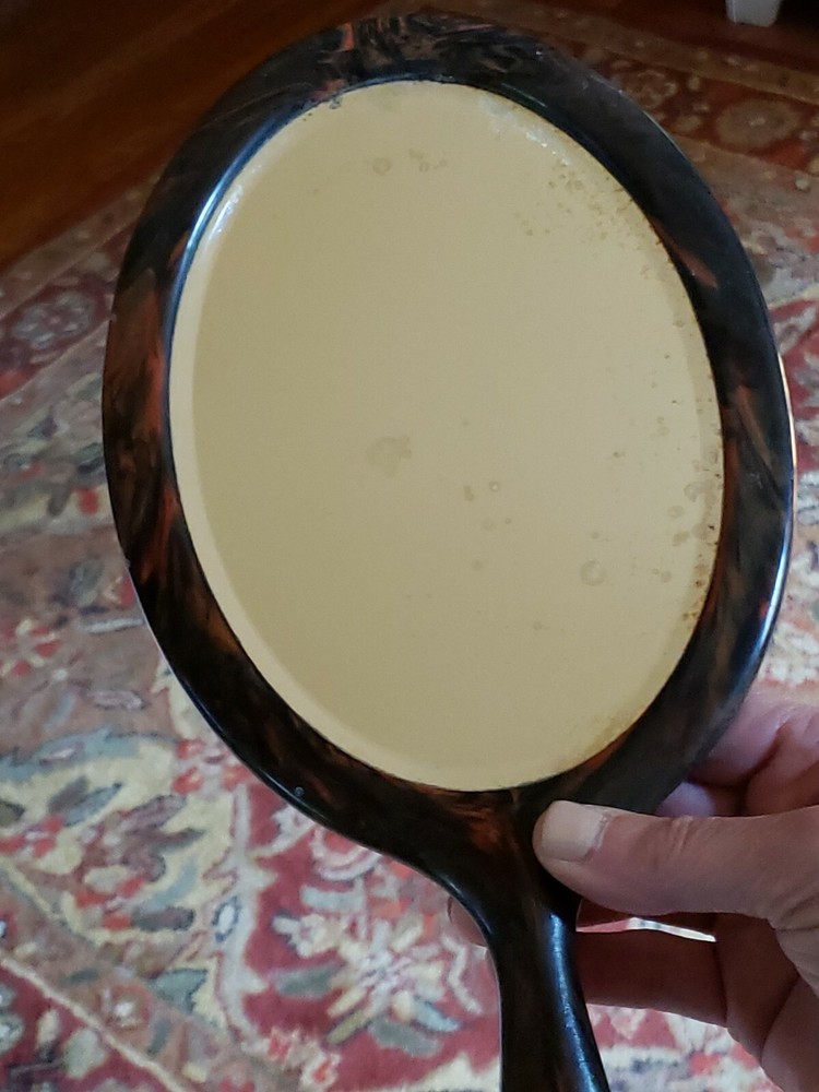 Vintage Oval Bakelite? Hand Held Beveled Vanity Mirror Double Sided 14"