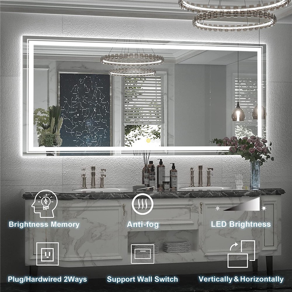 40-60" Extra Large LED Lighted Bathroom Mirror Wall Antifog Vanity Makeup Mirror