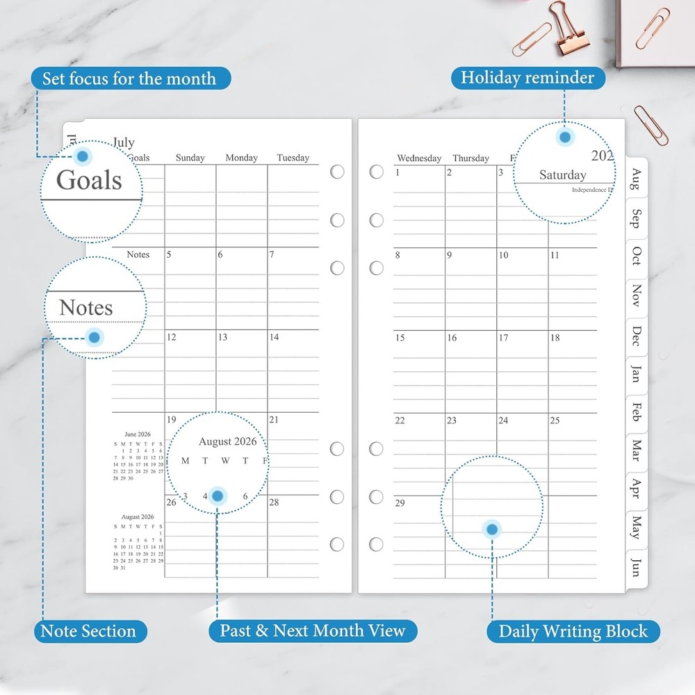 2026-2027 Monthly Planner Refill, A6 Small Size Planner Inserts for 6 Ring