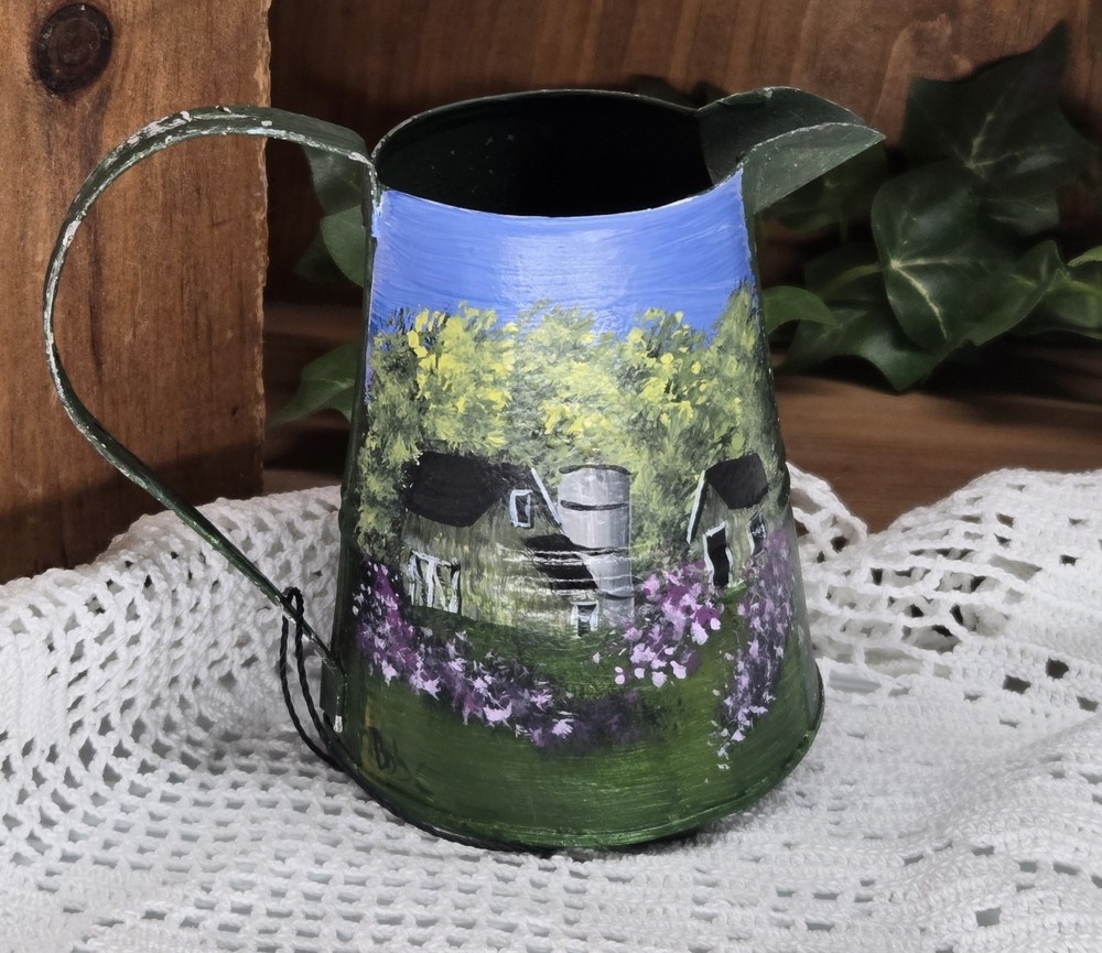 metal pitcher w/ summer barn (26062) hand painted