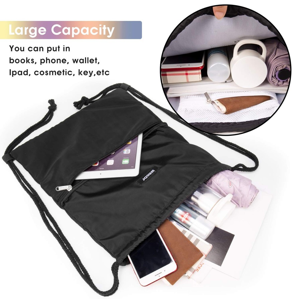 WANDF Drawstring Backpack String Bag Sackpack Cinch Water One Size, Black