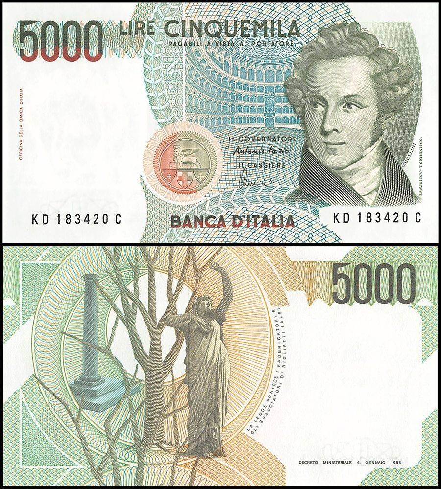 Italy 5000 Lire, 1985, P-111c, UNC