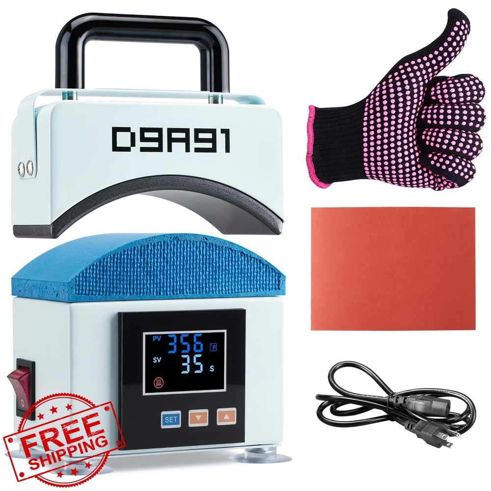 D9A91 Mini Hat Press Machine Light Blue Curved Plate LCD Temp Timer