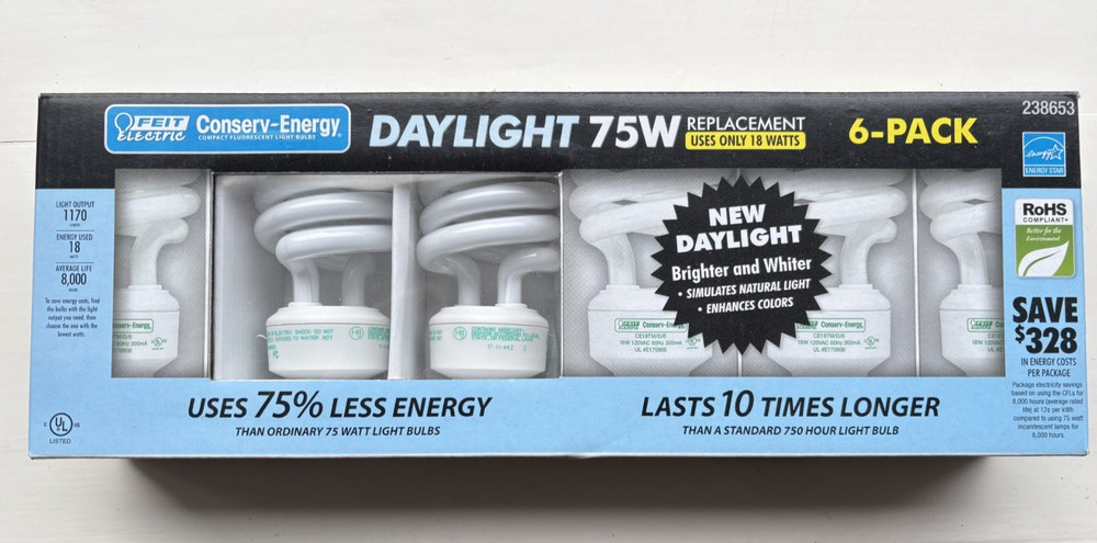 New Feit Electric Conserv-Energy 6-Pack CFL Light Bulbs Daylight 75w Use 18w