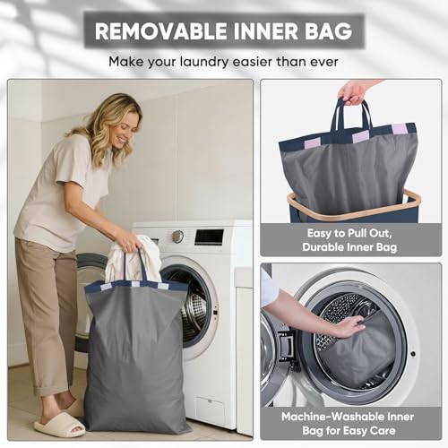 Laundry Hamper with Lid, Tall Laundry Baskets with Bamboo Pull 100 liters Blue