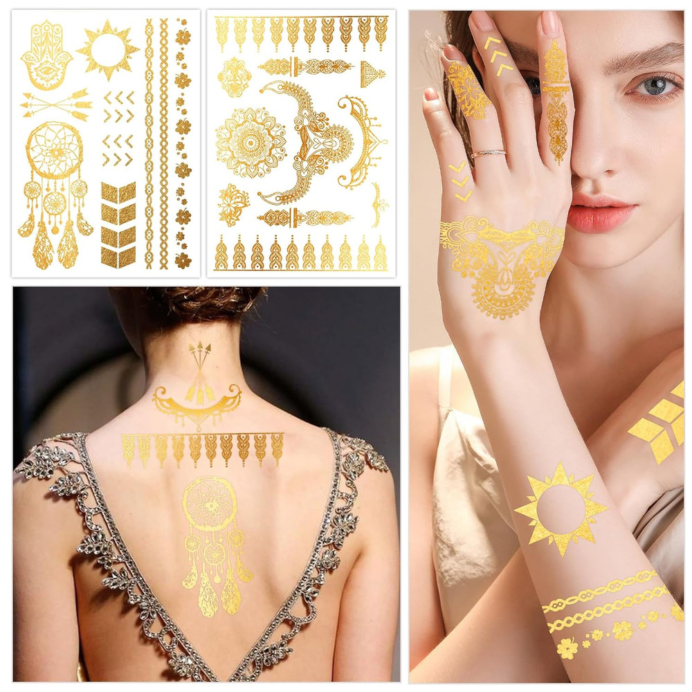 9 Sheets Metallic Tattoos, Elaborate Floral Elephant Patterns Metallic Temporary