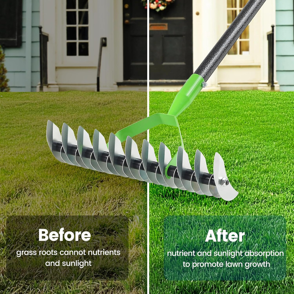 50” Thatch Rake Dethatcher Rakes for Lawns, Heavy Duty 21 Curved Double-Side Sha