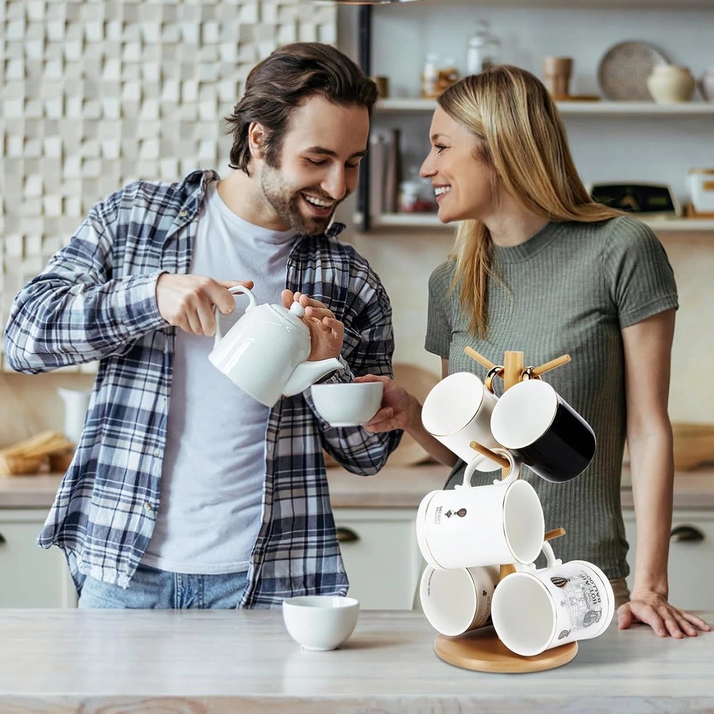 Bamboo Mug Holder, 6 Hooks Coffee Mug Holders Tree, Decorative Mug Racks for Cou