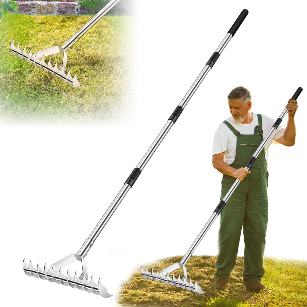62" Thatch Rake, Adjustable Handle 15-Inch Wide Lawn Thatching Rake for Cleaning