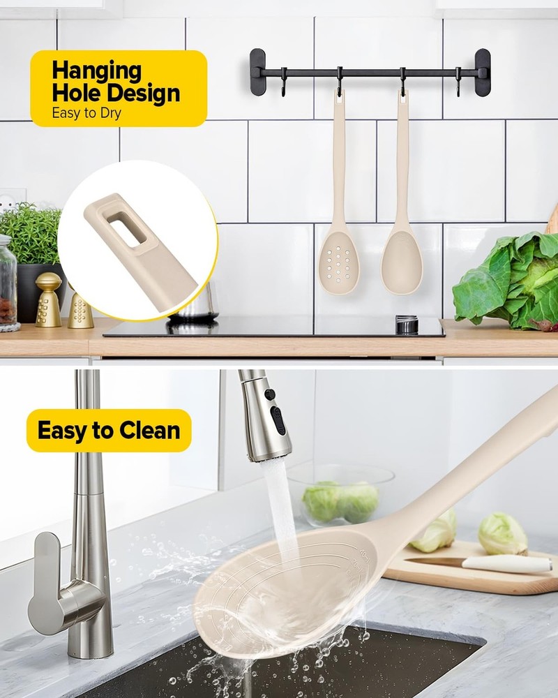 Pack of 2 Silicone Cooking Spoons, Non Stick Solid Kitchen Spoon with Measuri...