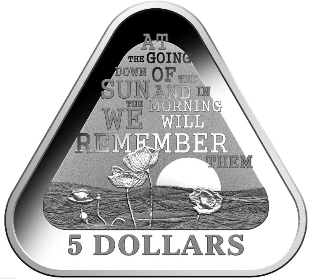 2014 $5 ANZAC Day LEST WE FORGET Triangular 22.23 Grams Silver Proof Coin.