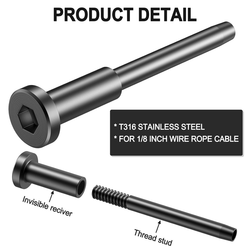 1/8" Black Invisible Receiver and Swage Stud End Fitss Cable Railing 60 Pack