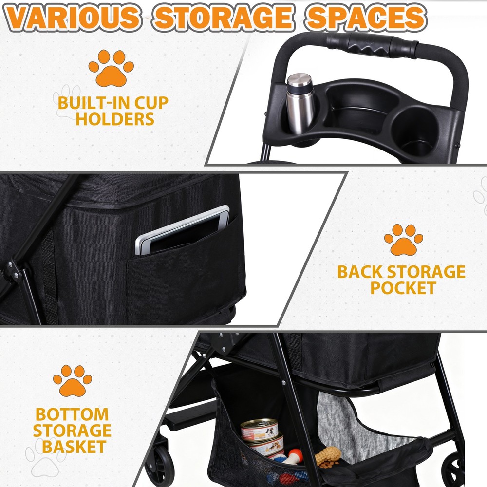 Dog Stroller Cat Stroller 3-in-1 Multifunctional with 4 Wheels Black Foldable