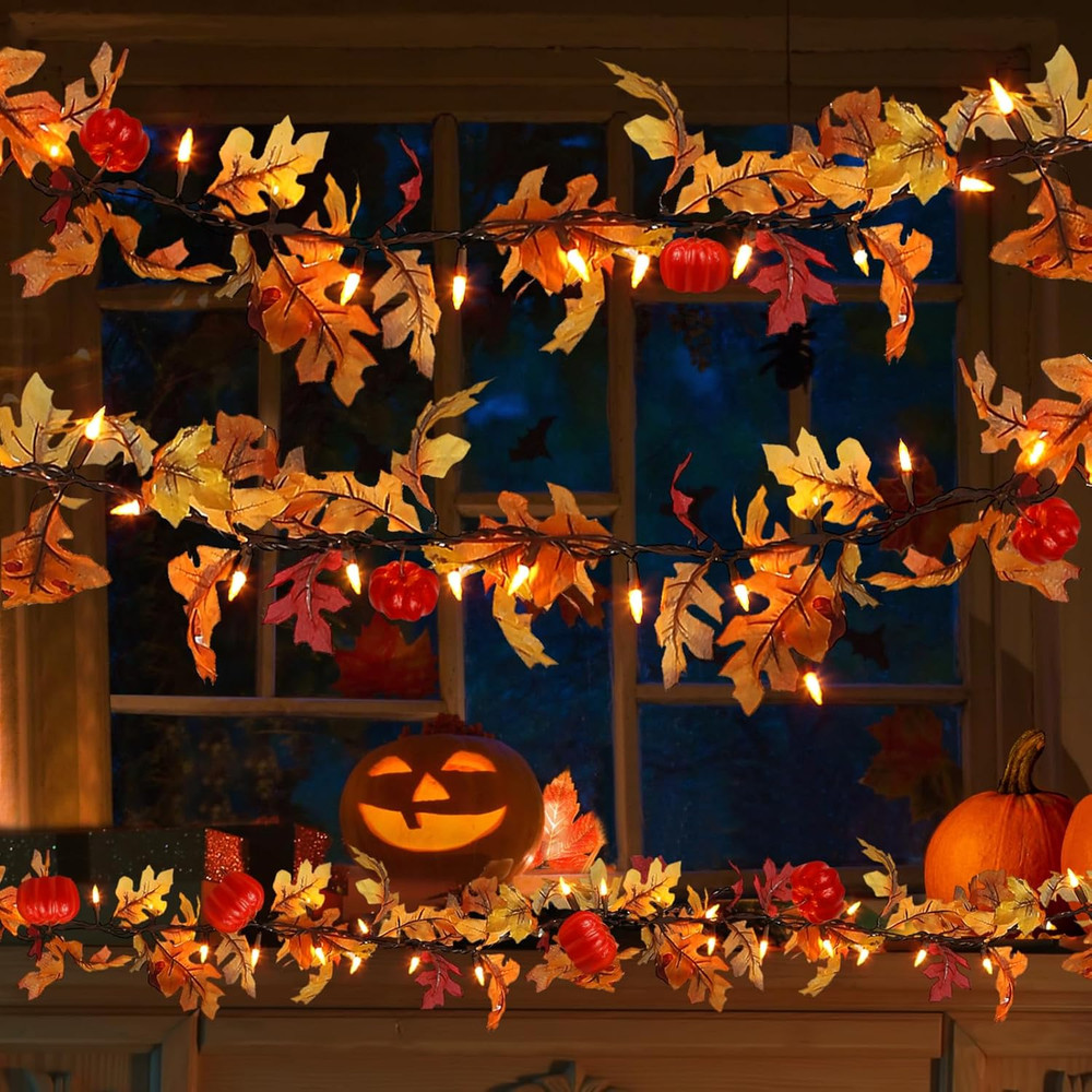 Fall Maple Leaf String Lights Plug in 120V UL 8FT Leaf, Orange