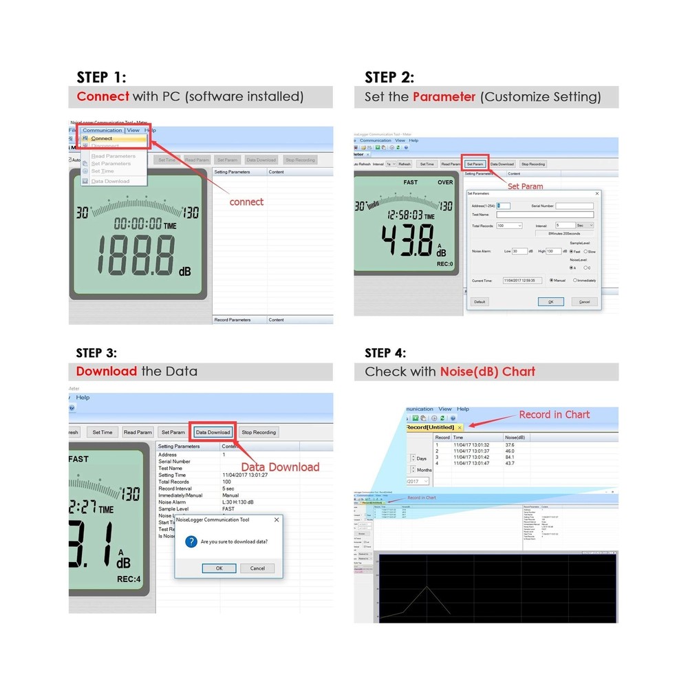 Decibel Meter Digital Sound Level Meter with Data Record Function 30-130dB Ra...