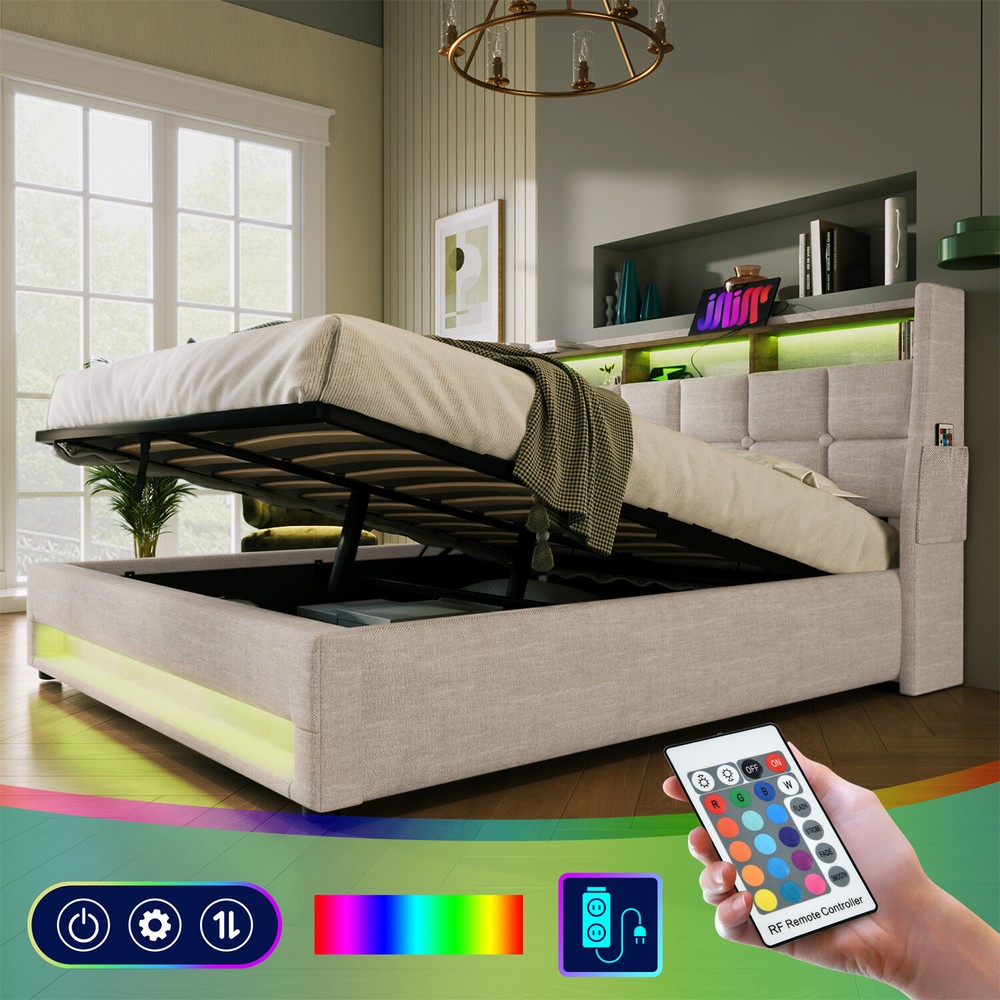 Queen Size LED Bed Frame Upholstered Platform Bed w/ Hydraulic Storage System