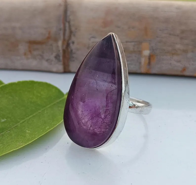 Solid 925 Sterling Silver Natural Amethyst Pear Gemstone Statement Handmade Ring