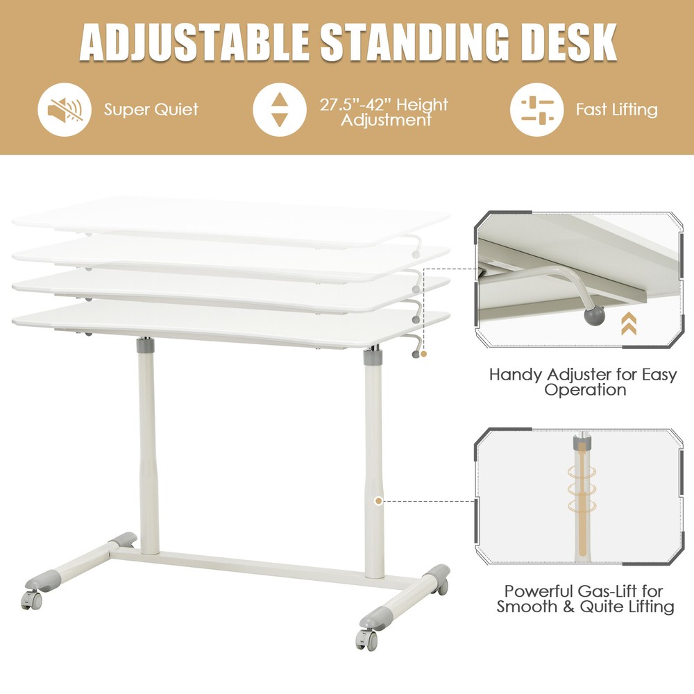 Costway Height Adjustable Computer Desk Sit Stand Rolling Notebook Table White