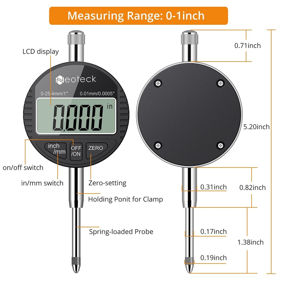 Neoteck 1''/25.4mm | Digital Probe Indicator-Silver+Black