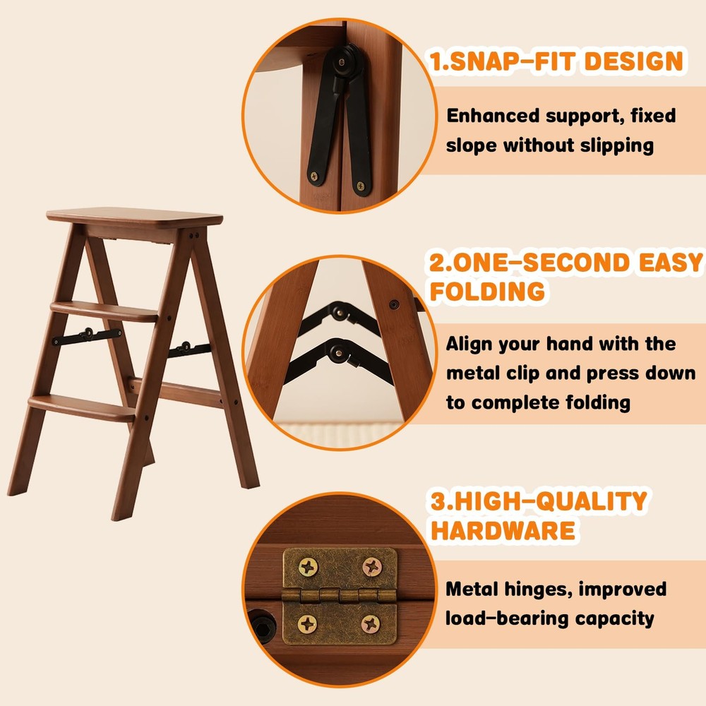 3 Step Ladder Folding Step Stool, Wooden Step Stool Foldable, Folding Step St...
