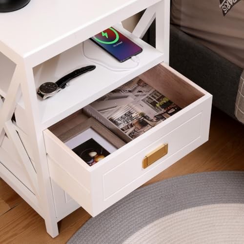 Assembled Nightstand with Charging Station, No Assembly Required End White
