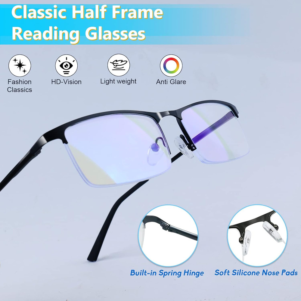 3 Pack Blue Light Blocking Reading Glasses for Men, Stylish Half Frame Metal Com