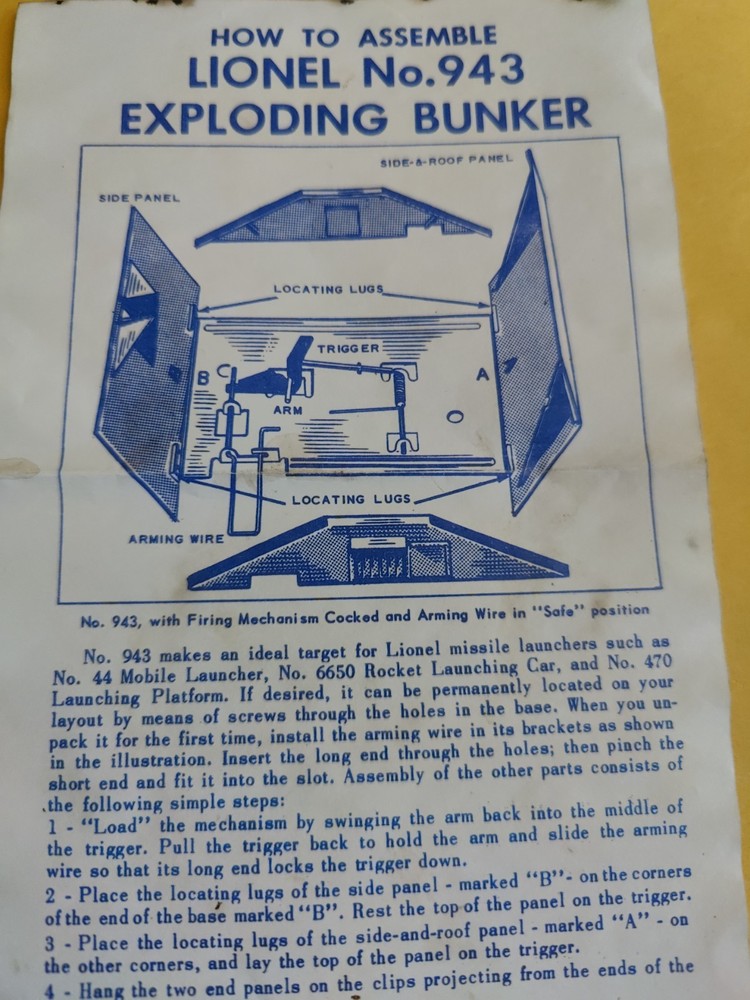 Lionel Number 943 Exploding Bunker Car Instruction Dated 9-59